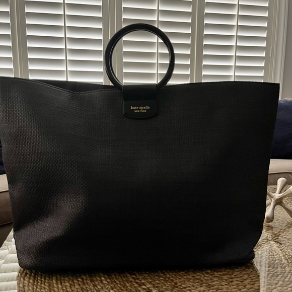 Kate Spade Woven Black Straw-look Tote Bag Shopper Hoop Bracelet Ring Handle - Picture 3 of 5